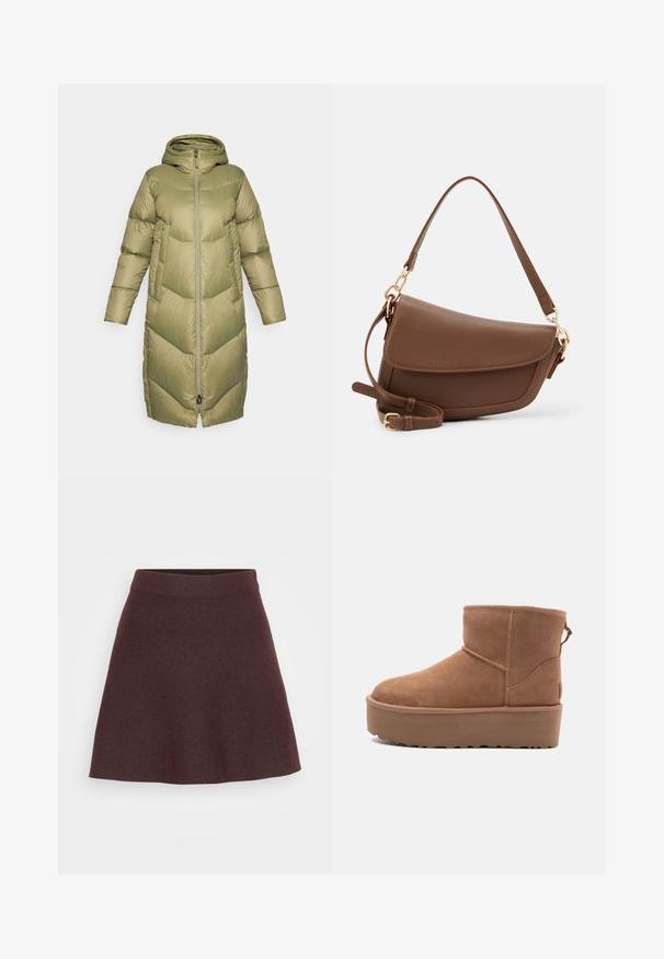 Burton LONG PARKA - Piumino lungo - forest moss; Maglione lavorato a maglia beige con scollatura a girocollo, maniche lunghe e orlo a coste. Tessuto morbido e testurizzato con una vestibilità comoda.; Gonna a maglia bordeaux con design svasato, cintura larga e texture liscia, caratterizzata da un colore solido senza fantasie o accenti.; Stivale alla caviglia in suede beige con suola platform, punta rotonda e dettagli di cucitura; presenta un inserto sul retro per una facile calzata.; Borsa a spalla in pelle marrone con finitura testurizzata, forma curva, hardware dorato, tracolla regolabile e chiusura a patta.