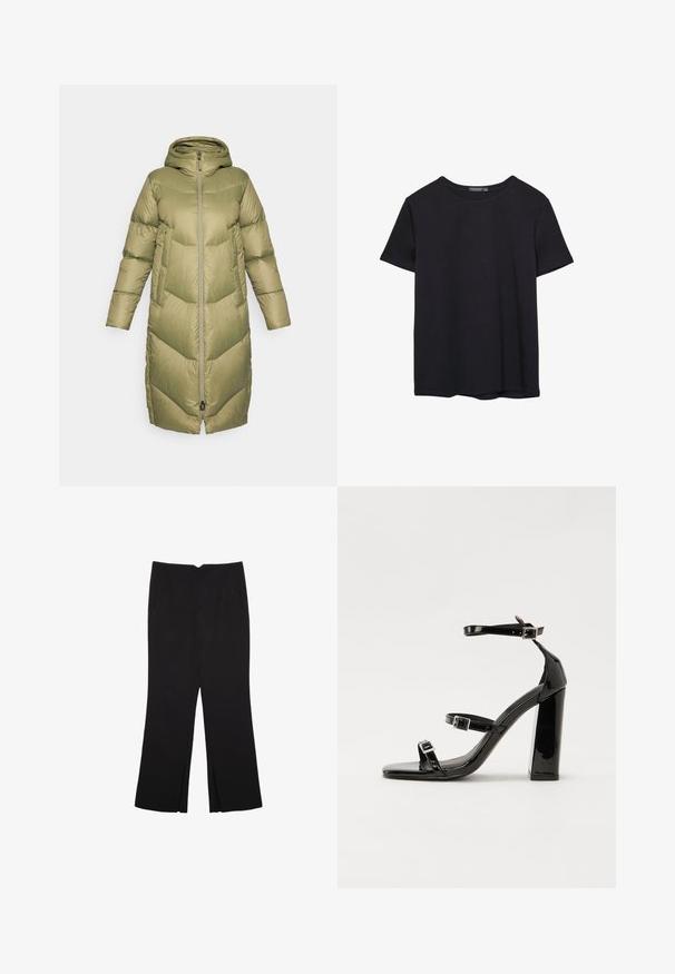 Burton LONG PARKA - Dunkappa / -rock - forest moss; En enkel svart bomulls T-shirt med kort ärm och rund hals, uppvisad på en vit bakgrund.; Svarta byxor med rak passform, utrustade med framfickor och sidoklyvningar vid fållen. Tillverkade av mjukt, slätt tyg. Lämpliga för olika tillfällen.; Svarta lackerade klacksandaler med fyrkantig tå, ankelremmar och silverfärgade spännen. Har en kraftig blockklack för stabilitet.