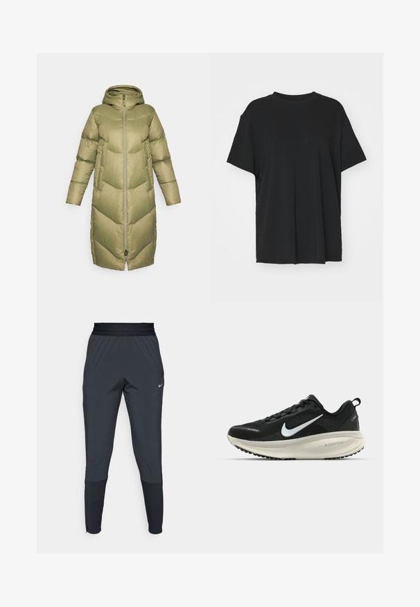 Burton LONG PARKA - Down coat - forest moss; Black short-sleeve t-shirt made of smooth fabric, with a crew neck and loose fit. Features side slits for added comfort and breathability.; Nike athletic pants in dark gray, featuring a tapered leg design, elastic waistband, and accent details near the cuffs.; Black Nike running shoe with breathable mesh upper, white swoosh logo, textured detailing, and a cream-colored ZoomX midsole.
