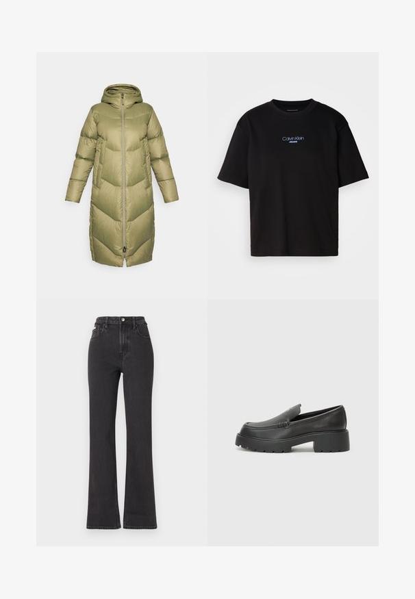 Burton LONG PARKA - Páperový kabát - forest moss; Čierne bavlnené tričko s okrúhlym výstrihom, krátkymi rukávmi a modrým vyšívaným logom "Calvin Klein JEANS" na prednej strane.; Čierne džíny s vysokým pásom a rozšírenými nohavicami vyrobené z denimu, s gombíkovým zapínaním, pútkami na opasok a bočnými vreckami. Hladká textúra s minimálnym ošúchaním.; Čierne kožené mokasíny s okrúhlou špičkou, hrubou textúrovanou podrážkou a minimom stehovej výzdoby. Štíhly dizajn bez viditeľných šnúr alebo kovania.