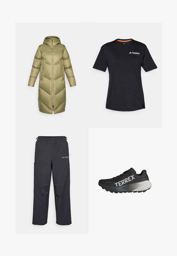 Burton LONG PARKA - Piumino lungo - forest moss; T-shirt nero a maniche corte con scollo rotondo, caratterizzato da una leggera texture mélange e dal logo bianco "TERREX" sul lato superiore sinistro.; Pantaloni leggeri neri per esterni con vita elasticizzata, tasche laterali e un logo sulla coscia destra. Tessuto liscio e resistente all'acqua.; Scarpe da corsa nere con una parte superiore testurizzata, prominente logo "TERREX" in bianco, design del suola affusolato e un accento grigio sfumato sul tallone.