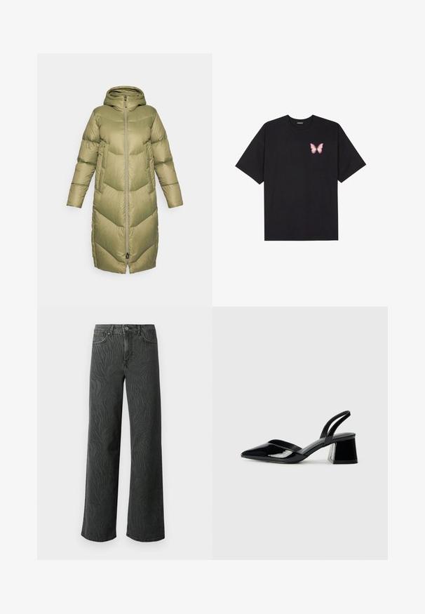 Burton LONG PARKA - Geacă cu puf - forest moss; Tricou negru din bumbac cu mâneci scurte, având pe partea stângă a pieptului un mic grafic cu un fluture roz. Design cu guler rotund și croială lejeră.; Blugi cu picioare largi din denim gri închis, cu o textură subtilă de model zebra, cusături în contrast și un design cu cinci buzunare, având un nasture pentru închidere.; Pantofi cu toc slingback din piele lacuită neagră, cu vârf ascuțit și toc geometric. Prezintă un design elegant, minimalist și o textură netedă.