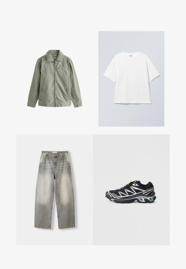 Giacca verde chiaro realizzata in robusto cotone, con chiusura a zip frontale, colletto a punta, tasche laterali e una piccola tasca sul petto.; T-shirt bianco in cotone con scollo rotondo e maniche corte. Vestibilità comoda senza motivi o dettagli visibili. Texture morbida.; Jeans a gamba larga in un lavaggio grigio chiaro. Presentano una finitura sbiadita, cinque tasche e una chiusura con bottone. Il materiale è denim morbido.; Scarpa da corsa nera con accenti argento, materiale GORE-TEX, suola testurizzata e lacci colorati. Presenta un tallone imbottito per supporto.