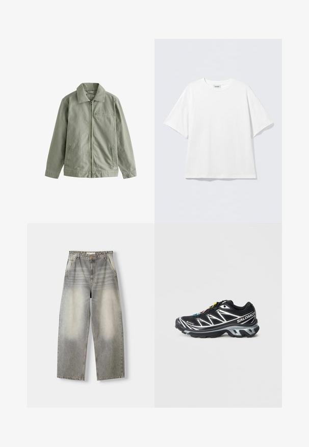 Light green jacket made of sturdy cotton material, featuring a zip front, pointed collar, side pockets, and a small chest pocket.; White short-sleeve t-shirt made of cotton with a round neckline and relaxed fit. No visible patterns or accents. Simple design.; Wide-leg jeans in a light gray wash. Features a faded finish, five pockets, and a button closure. Material is soft denim.; Black running shoe with silver accents, GORE-TEX material, textured sole, and colorful laces. Features a cushioned heel for support.
