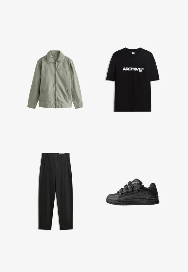 Jasnozielona kurtka wykonana z mocnej bawełny, z zapięciem na zamek z przodu, spiczastym kołnierzem, bocznymi kieszeniami i małą kieszonką na piersi.; Czarny bawełniany T-shirt z białym logo "ARCHIVE inc." na piersi, z krótkimi rękawami i okrągłym dekoltem.; Czarne bawełniane spodnie o luźnym kroju, z klasycznym pasem, przednimi plisy oraz bocznymi kieszeniami. Gładka struktura, bez wzorów.; Czarne sneakersy z gładką skórzaną cholewką, teksturowanymi akcentami i okrągłymi czarno-białymi sznurowadłami. Gruba gumowa podeszwa z wzorzystym bieżnikiem.