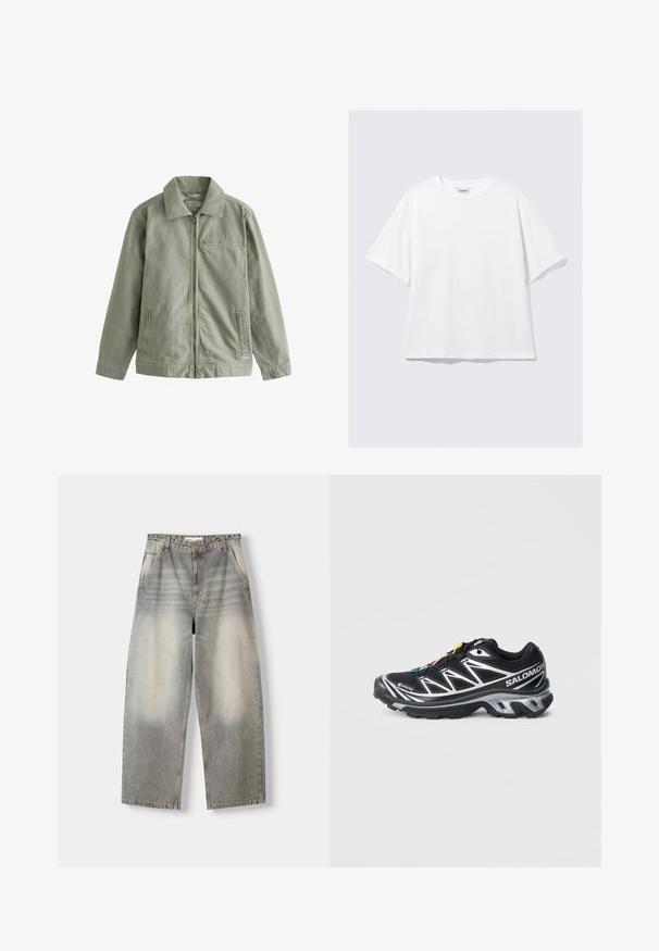 Lys grøn jakke lavet af robust bomulds materiale, med lynlås foran, spidse kraver, sidelommer og en lille brystlomme.; Hvid T-shirt med korte ærmer, løs pasform, rund halsudskæring, blødt stof og minimal syning. Ingen synlige logoer eller mønstre.; Bredde ben jeans i en lysegrå vask. Har en falmet finish, fem lommer og en knaplukning. Materialet er blødt denim.; Sort løbesko med sølv detaljer, GORE-TEX materiale, tekstureret sål og farverige snørebånd. Har en polstret hæl for støtte.