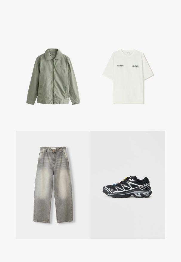 Ljusgrön jacka i kraftigt bomullsmaterial, med dragkedja framtill, spetsig krage, sidofickor och en liten bröstficka.; Vit bomullströja med korta ärmar. Framsidan har svart text: "INTE IMORGON INTE IDAG" och "KONSTEN ATT FLYTTA JORD" i grön skrivstil.; Breda jeans i en ljusgrå tvätt. Har en urtvättad finish, fem fickor och knappstängning. Materialet är mjuk denim.; Svart löparsko med silverdetaljer, GORE-TEX-material, texturerad sula och färgglada snören. Har en vadderad häl för stöd.