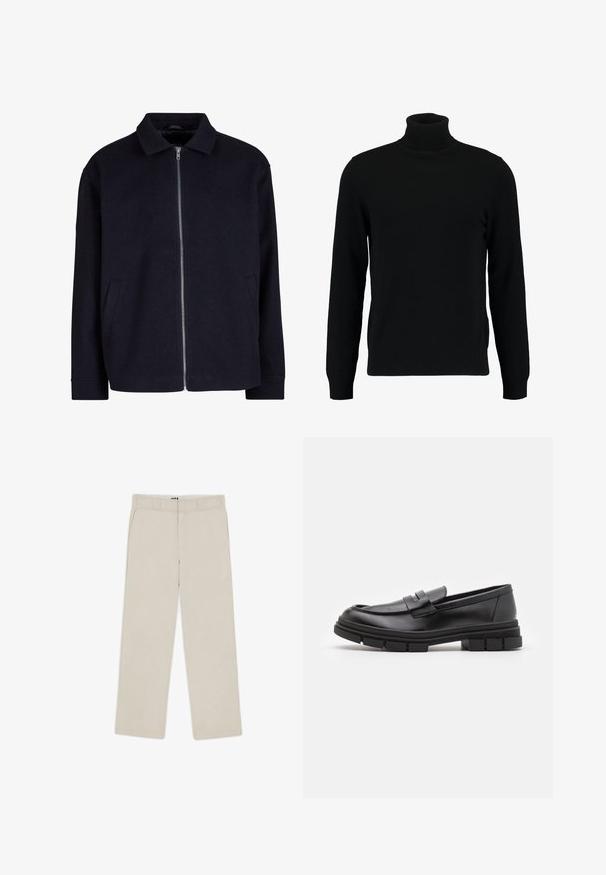 Sort jakke med krave, fuld lynlås foran og sidelommer; lavet af et struktureret stof med en afslappet pasform.; Sort turtleneck sweater lavet af et blødt strikmateriale. Har lange ærmer, ribbet krave og kant. Enkel, slank design uden mønstre.; Beige brede bukser med en glat tekstur, der har bæltestropper, to frontlommer og en lynlåslukning. Minimalistisk design.; Sorte læder loafers med en glat finish, der har en frontrem detalje og en kraftig gummisål med rillletaccents.