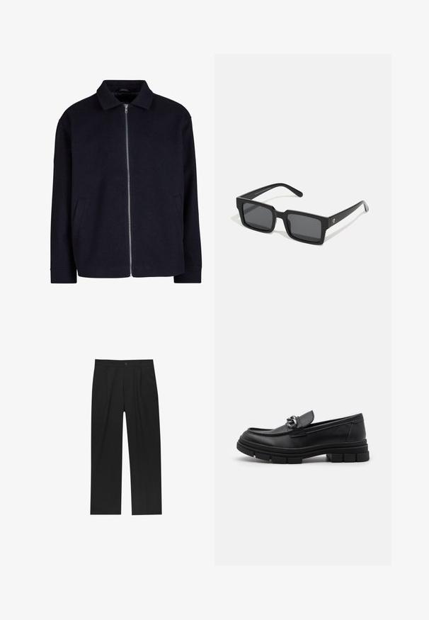 Sort jakke med krave, fuld lynlås foran og sidelommer; lavet af et struktureret stof med en afslappet pasform.; Sæt af otte sorte bomulds t-shirts med korte ærmer og rund hals, der har et enkelt design og en blød tekstur.; Sorte bukser med lige ben, lavet af et glat stof. Har frontfolder og en enkelt knaplukning i taljen.; Sort læderloafer med rund tå, en dekorativ rem og hardware, samt en chunky tekstureret sål. Glat finish med subtile detaljer.; Sorte rektangulære solbriller med mørke linser; lavet af plast, med en glat overflade, tykke stel og diskret branding på siden.; Sølvmetal ur med en børstet blå urskive, hvide timemarkører og en datovisning. Har et sammenkædet metalarmbånd og brandlogo.