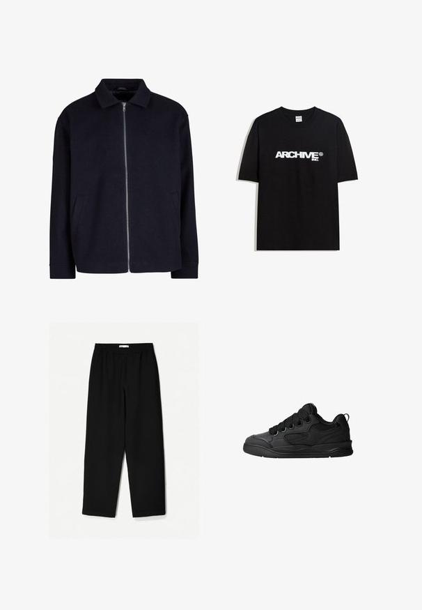 Giacca nera con collo a camicia, chiusura frontale con zip completa e tasche laterali; realizzata in un tessuto testurizzato con una vestibilità rilassata.; T-shirt in cotone nero con il logo bianco "ARCHIVE inc." stampato sul petto, maniche corte e colletto a girocollo.; Pantaloni neri a gamba larga realizzati in un tessuto leggero. Presentano una vita elasticizzata e una texture liscia. Senza motivi visibili o accessori.; Sneakers neri con una tomaia testurizzata, dotati di lacci, accenti in mesh per la traspirabilità, colletto imbottito e suola robusta.