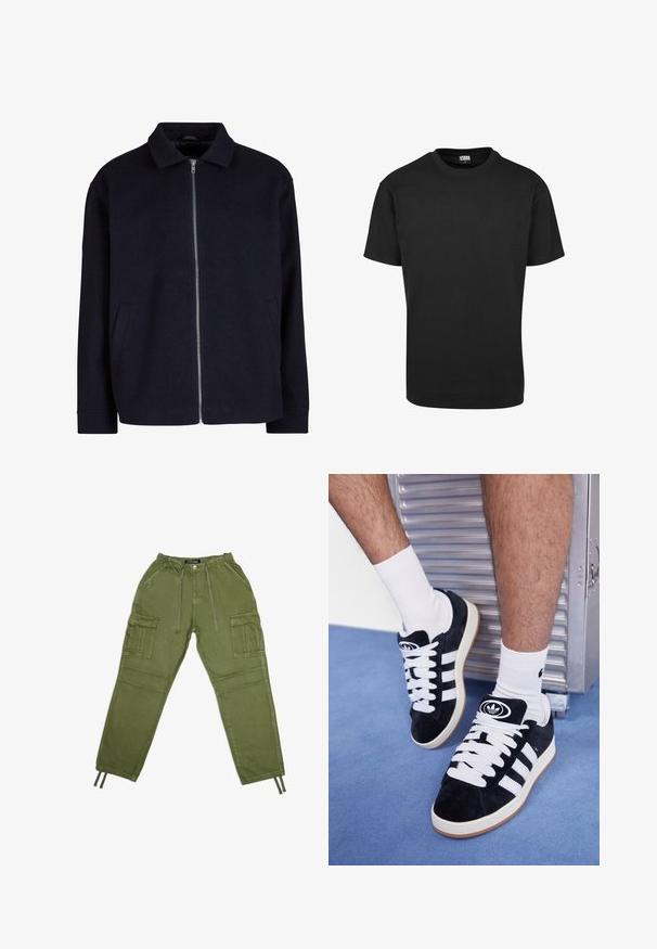 Giacca nera con collo a camicia, chiusura frontale con zip completa e tasche laterali; realizzata in un tessuto testurizzato con una vestibilità rilassata.; Maglietta nera in cotone con colletto rotondo, maniche corte e orlo dritto. Texture liscia; design semplice e privo di decorazioni.; Pantaloni cargo verde oliva realizzati in tessuto leggero, dotati di una vita elastica, cordini e numerose tasche laterali.; Sneakers in suede nero con lacci bianchi e tre strisce bianche. Presentano un logo circolare nero sulla linguetta e una suola in gomma color gomma.