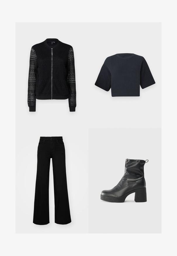 Geacă bomber neagră cu închidere cu fermoar, având panouri din dantelă texturată pe mâneci și corp, cu manșete și tiv ribatate, dintr-un material ușor.; Pulover scurt tricotat, de culoare bleumarin închis, cu textură ribbed, mâneci scurte și largi, și guler rotund. Design simplu, fără modele sau accente vizibile.; Pantaloni negri cu picioare largi, din denim, cu un brau structurat, bucle pentru curea și buzunare frontale. Textură netedă, cu un design clasic.; Bocanci negri de glezna din piele netedă, cu fermoar lateral, toc texturat și masiv, și design cu vârf rotund.