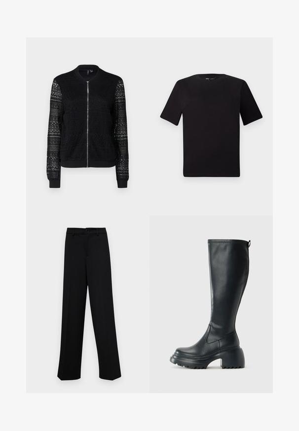 Melnā bomber jakā ar rāvējslēdzēju, ar teksturētu mežģīņu paneļiem uz piedurknēm un ķermeņa, ribotām piedurknēm un apakšmalu, viegla auduma.; Melnas īsām piedurknēm T-krekls ar apaļu kakla izgriezumu, izgatavots no mīksta kokvilnas auduma. Vienkāršs dizains, bez redzamām logo vai rakstiem.; Melnas platajās bikses, kas izgatavotas no gludas auduma, ar klasisku jostu un pogu aizdari, kā arī priekšējām kroku detalizācijām.; Augstas melnas ādas zābakus ar masīvu platformu un bloka papēdi, ar vilkšanas cilpu un strukturētu profilu uz ārējā zoles.