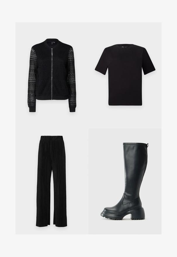 Svart bomberjakke med glidelås, som har teksturerte blonderpaneler på ermene og kroppen, ribbestrikkede mansjetter og nederkant, lett materiale.; Svart t-skjorte med korte ermer og rund hals, laget av mykt bomullsstoff. Enkelt design, ingen synlige logoer eller mønstre.; Sorte plisserte bukser med elastisk midje. Har vide ben og et glatt, strukturert stoff med vertikale striper.; Høy svart lærstøvel med chunky plattformsåle og blokkhelt, med trekkstang og teksturert mønster på yttersålen.
