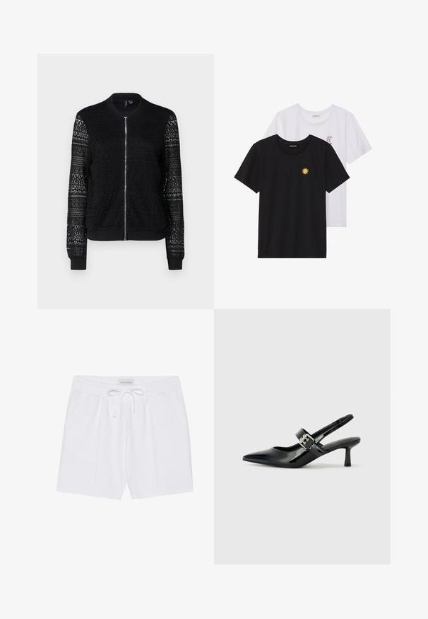 Black bomber jacket with zip closure, featuring textured lace panels on sleeves and body, ribbed cuffs and hem, lightweight fabric.; Black and white T-shirts, round neck, short sleeves. Black shirt features yellow sun embroidery; white has purple crescent moon accent.; White, knee-length shorts made of soft fabric, featuring an elastic waistband with drawstring and two side pockets. Simple design with no patterns.; Black patent leather slingback heels with a pointed toe and a small block heel, featuring a silver buckle accent on the strap.