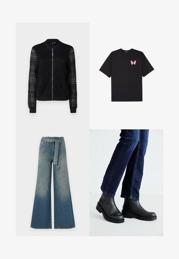 Fekete bomber dzseki cipzárral, textúrált csipkés panelek a vállán és a testén, bordázott mandzsetta és alsó szegély, könnyű anyag.; Fekete pamut póló rövid ujjakkal, bal mellkason egy kis rózsaszín pillangó grafikával. Kerek nyakú kialakítás, laza fazonnal.; Bőszárú farmernadrág, világos és sötétkék árnyalatokkal, magas derekú, övgyűrűkkel és a nadrággal megegyező anyagú övvel. Textúrált farmer kivitel.; Fekete bőr bokacsizma vastag talppal és oldalán elnyújtott elasztikus betétekkel, sötétkék farmerral párosítva. A talaj világos színű.