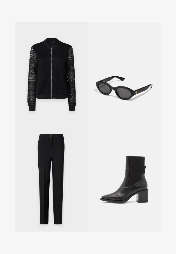 Must mustraga jakk, millel on lukuga sulgemine, millel on tekstuuriga pitspaneelid varrukatel ja kehakeskel, soonikuga man'setid ja hem, kerge kangas.; Leopardimustriga pikkade varrukatega pluus kõrge kaelusega, valmistatud venivast kangast. Omab beeži tausta pruunide laikudega. Sile tekstuur, keha lähedane disain.; Mustad kohandatud püksid sirge jalgade lõikega, varustatud nupuvajutuse ja vöökohaga, valmistatud siledast kangast.; Mustad mustaed jalats, millel on terav varvas, valmistatud siledast nahast ja elastsemast kangast. Omab plokknõela ja minimalistliku disaini.; Mustad mustad prillid tumedate läätsedega ja läikiva plastraamiga. Omab kuldset logo põlveosal, pakkudes stiilset ja kaasaegset disaini.