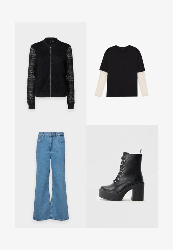 Juodas bombonešis su užtrauktuku, su tekstūruotais nėrinių intarpais rankovėse ir kūne, briaunotomis rankogaliais ir apačia, lengvas audinys.; Juodas medvilninis marškinėliai su trumpomis rankovėmis, virš baltos ilgo rankovio sluoksnio, turinčio subtilų tekstūrinį raštą. Apvalus iškirpimas.; Šviesiai mėlynos flared džinsai, pagaminti iš džinsinio audinio, su aukštu liemeniu, penkiomis kišenėmis ir vienu mygtuko užsegimu. Minkštas paviršius su išblukusiu efektu.; Juodas odinis kulkšninis botas su masyviu padu, raišteliais priekyje ir tekstūruota paviršiumi. Ant jo užpakalinės pusės yra kilpytė, skirta patogiam užsidėjimui.