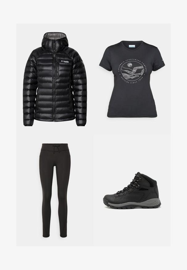 Svart pufferjacka med huva, med ett quiltat mönster, dragkedja fram och logotyp på bröstet. Inuti har den ett mönstrat foder.; Svart Columbia-t-shirt med vit cirkulär linjekonst av berg och flod samt texten "Columbia Sportswear Company Outside Since 1938."; Svarta leggings med hög midja, snörning, slät textur och figurnära design. Har sömnadsdetaljer längs sidorna.; Svart vandringskänga med mellanhög design, som har en texturerad överdel, grå accenter och en slitstark gummisula med greppklackar.