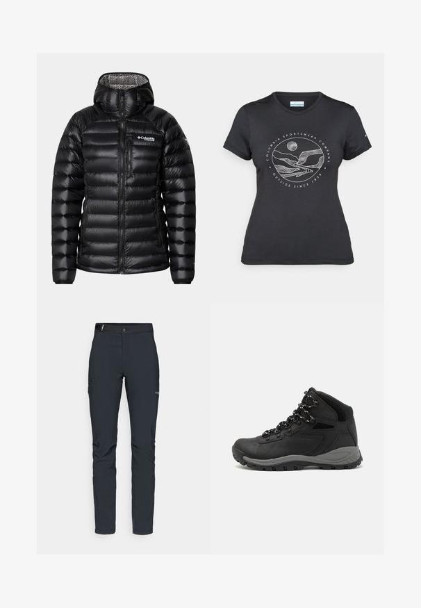 Fekete puffódzseki kapucnival, steppelt dizájnnal, cipzáras elülső résszel és logóval a mellkason. Belső része mintás béléssel rendelkezik.; Fekete Columbia póló fehér, kör alakú hegy és folyó vonalrajzzal, valamint a "Columbia Sportswear Company Outside Since 1938" felirattal.; Férfi kültéri nadrág, sötétszürke, rugalmas anyagból készült, övvel, cipzáros zsebekkel és megerősített varratokkal.; Fekete túracipő közepes magasságú kialakítással, texturált felsőrésszel, szürke részletekkel és strapabíró gumitalppal, amelynek tapadós kiemelkedései vannak.