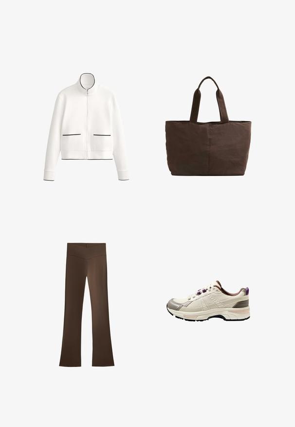 Bela zip-up jakna z visokim ovratnikom, črnimi dodatki in dvema sprednjima žepoma s črnimi obrobami. Narejena iz mehke, gladke tkanine.; Rjav rebrast pleten sveter z okroglim izrezom in raglan rokavi. Ima skrajšano dolžino in teksturirano tkanino. Brez vidnih zapiranj.; Rjave široke hlače z visokim pasom, ki imajo obliko križca. Narejene so iz gladkega in elastičnega materiala za udobje in prileganje.; Lahka športna obutev v krem barvi, z zgornjim delom iz teksturirane mrežice, sivimi poudarki, vijoličnim jezičkom na peti in oblazinjeno črno gumijasto podplatom.; Rjava platnena torba z dvema trdnima ročajema, pravokotne oblike, minimalni šivi in gladka tekstura.