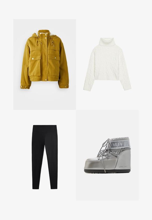 Žltá kapucňová bunda vyrobená z pevnej tkaniny. Obsahuje dve veľké predné vrecká, šnúrky a patentky. Mäkká vnútorná podšívka.; Biely sveter s vysokým golierom a pleteným vzorom, ktorý má skrátený strih. Ribbed manžety a spodný lem. Mäkká textúra s útulným a robustným dizajnom.; Čierne legíny vyrobené z hladkej, elastickej tkaniny. Majú široký pás a zoštíhlený strih nohavíc, vhodné na aktívne alebo príležitostné nosenie.; Strieborná vodotesná obuv s zaobleným tvarom, textúrovaným povrchom a šedými šnúrkami. Obsahuje výrazné logo "MOON BOOT" v hornej časti.