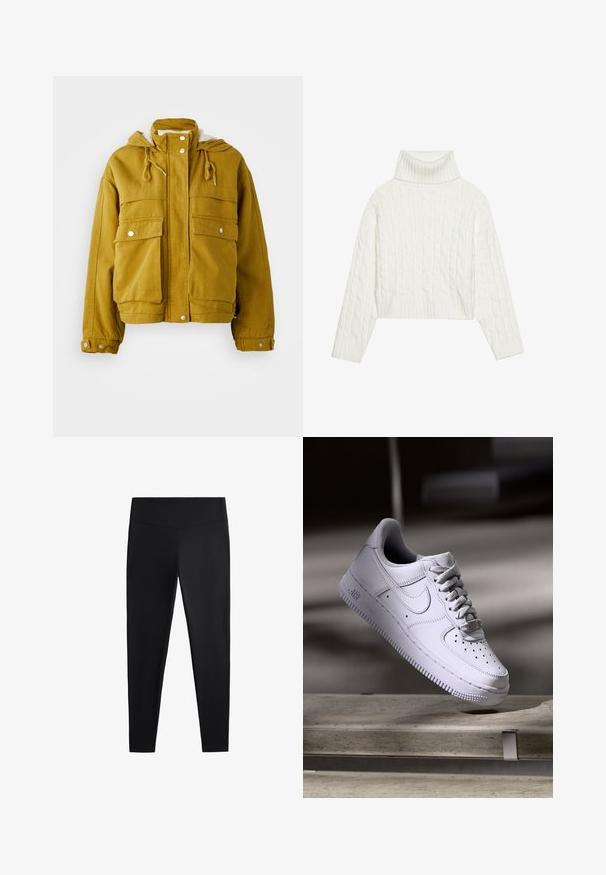 Yellow, hooded jacket made of sturdy fabric. Features two large front pockets, drawstrings, and snap closures. Soft interior lining.; White cable-knit turtleneck sweater with a cropped silhouette, featuring ribbed cuffs and hem. Soft texture with a cozy, chunky design.; Black leggings made of smooth, stretchy fabric. Features a wide waistband and tapered leg design, suitable for active or casual wear.; White Nike Air Force 1 sneaker levitating above a concrete surface with shadows in a minimalist setting.