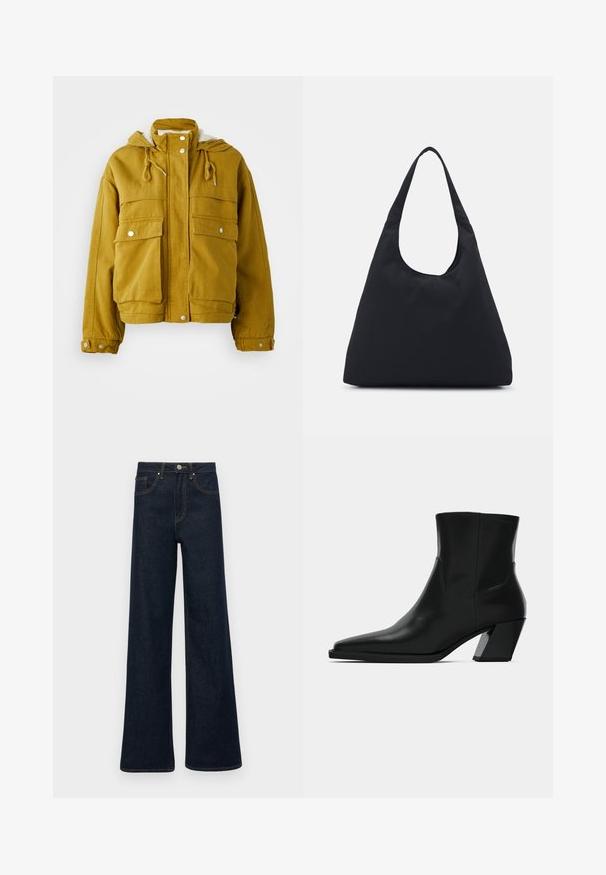 Dzeltena kapuce jaka, izgatavota no izturīga auduma. Aprīkota ar divām lielām priekšējām kabatām, auklām un pogām. Mīksta iekšējā oderējuma.; Balta adīta turtleneka džemperis ar īsu siluetu, ar ribotām piedurknēm un apakšmalu. Mīksta tekstūra ar ērti, masīvu dizainu.; Tumši zilie plats kāju džinsi ar priekšējām kabatām, jostas cilpiņām un pogu aizdari.; Melnas ādas potītes zābaki ar norādītu pirkstu, elegantu siluetu un masīlu kvadrātveida papēdi. Gluda tekstūra ar minimālām šuvju detaļām.; Melnas auduma soma ar vienu, platu plecu siksnu. Mīksta, pusstrukturēta forma un gluda tekstūra; minimāls dizains, bez redzamiem piederumiem.
