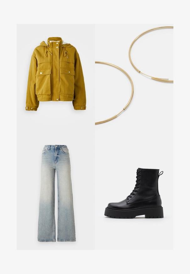 Rumena kapuca jakna iz trpežnega blaga. Ima dva velika sprednja žepa, vrvice za regulacijo in pritiskače. Mehka notranja podloga.; Vero Moda VMNEWCREAM FUNNELNECK PULLOVER - Pulover - black/birch; Svijetloplave široke traperice s visokim strukom, koje imaju pet džepova i vidljivo šivanje uz šavove.; Črne usnjene gležnjarje z okroglo konico, vezalnim sprednjim delom in debelim gumijastim podplatom z teksturiranim profilom. Zanka na hrbtni strani.; Zlate obroče ušesne uhane, tanke in krožne oblike, z gladko kovinsko površino brez okrasnih elementov ali vzorcev.