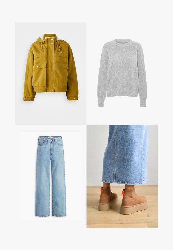 Yellow, hooded jacket made of sturdy fabric. Features two large front pockets, drawstrings, and snap closures. Soft interior lining.; Gray knitted sweater with long sleeves, round neckline, ribbed cuffs and hem, featuring a soft texture and relaxed fit.; High-waisted, light blue wide-leg jeans with front button and zipper, belt loops, and five-pocket styling.; Brown suede platform boots with elastic side panels and orange pull tabs, paired with a knee-length light denim skirt on a wooden floor.
