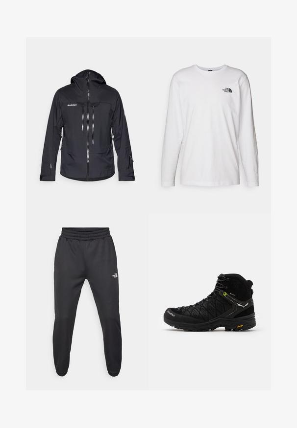 Černá technická bunda s kapucí, předním zipem, náprsními kapsami a ventilačními zipy. Disponuje elegantním designem a odolnou tkaninou. Logo značky na hrudi.; Bílý dlouhý rukáv tričko vyrobené z bavlny s kulatým výstřihem. Na hrudi se nachází malé černé logo. Hladká textura, běžný střih.; Černé tepláky s nastavitelným pasem, zúženým střihem, elastickými manžetami a malým bílým logem na levém stehně, vyrobené z hladké tkaniny.; Černá turistická bota s texturovaným svrškem, zesílenou špičkou a podrážkou Vibram. Systém šněrování obsahuje háčky pro bezpečné uchycení.