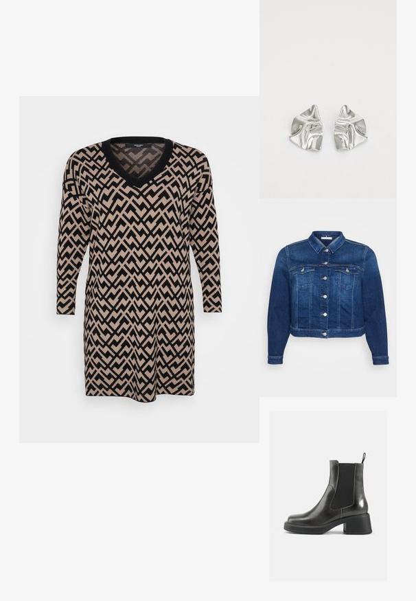 Chaqueta de mezclilla en azul oscuro con cierre de botones en el frente, dos bolsillos en el pecho y un cuello clásico. Presenta un largo corto y mangas largas.; Vestido de punto con escote en V, mangas largas y un patrón de zigzag en negro y beige, con una textura suave y un corte relajado.; Botas de cuero negras hasta el tobillo con un acabado liso, paneles laterales elásticos y un tacón grueso. Cuenta con una pestaña para facilitar su colocación.; Bolso tote de cuero negro con un asa curva, forma triangular alargada y textura suave. Presenta un diseño minimalista sin herrajes visibles.; Pendientes de metal plateado con un diseño ondulado y escultórico, que presentan un acabado pulido y formas irregulares, destacando una estética contemporánea.