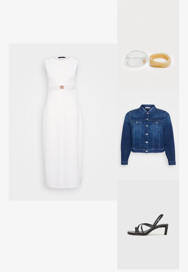Džínová bunda v tmavomodrej farbe s gombíkmi na prednej strane, dvoma náprsními vreckami a klasickým golierom. Má skrátenú dĺžku a dlhé rukávy.; Biela bezrukávová šaty s výrezom v oblasti pásu, zdobené obdĺžnikovou béžovou prackou a rovnou siluetou.; Čierne sandále na vysokom podpätku so štvorcovou špičkou a nízkym blokovým podpätkom. Obsahujú viacero tenkých popruhov a nastaviteľný členkový popruh. Vyrobené z hladkej kože.; Priehľadné a jantárové prstene z živice, jeden je hladký a priesvitný, druhý má textúrovaný jantárový povrch. Obe sú zaoblené a robustné.
