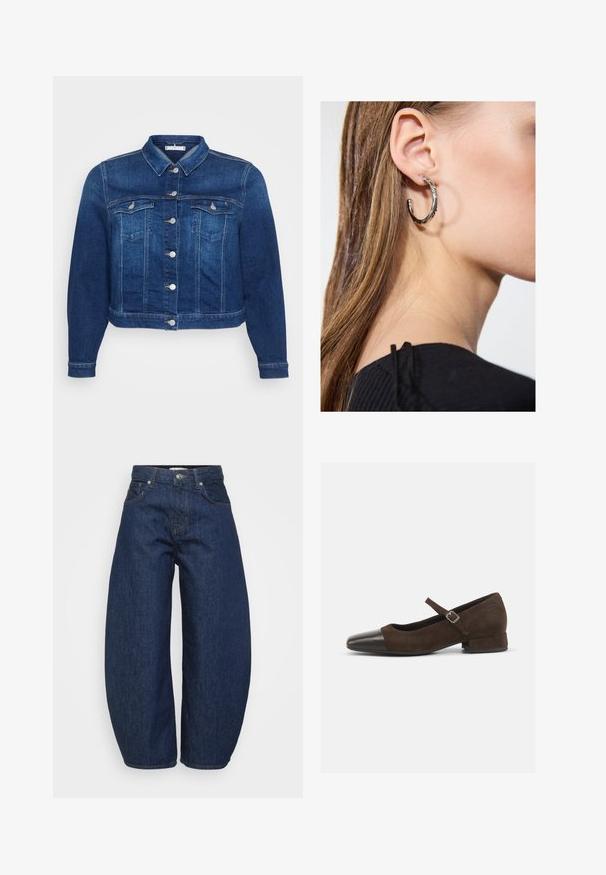 Giacca di jeans blu scuro con chiusura a bottoni, due tasche sul petto e colletto classico. Presenta una lunghezza corta e maniche lunghe.; Maglione corto blu navy realizzato in morbido materiale a maglia. Presenta un collo rotondo e maniche lunghe con polsini a costine. Design semplice ed elegante.; Jeans in denim blu scuro con taglio ampio e comodo. Presentano una chiusura con zip, quattro tasche e cuciture a contrasto lungo le cuciture.; Scarpa Mary Jane in suede marrone con punta in vernice nera, cinturino regolabile e tacco basso a blocco. Texture liscia con dettagli minimi.; Orecchino a cerchio in argento con finitura lucida, caratterizzato da piccoli dettagli in oro e una forma tondeggiante, indossato sul lobo.