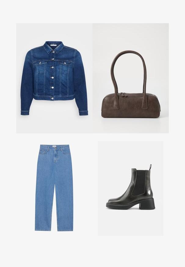 Tamsiai mėlyna džinsinė striukė su sagų uždarymu, dviem krūtinės kišenėmis ir klasikinėmis apykaklėmis. turi trumpą ilgį ir ilgomis rankovėmis.; Rudas moheros megztinis su deimanto raštu, kuriame dominuoja smėlio, šviesiai rudos ir kreminės spalvos. Suapvalintas iškirpimas ir bangas formuojančios rankogaliai, minkšta tekstūra.; Šviesiai mėlynos džinsinės kelnės su tiesiu kirpimu, penkių kišenių dizainu, vieno mygtuko užsegimu ir subtiliomis siuvimo detalėmis siūlėse.; Juodos odinės kulkšninių botai su lygia apdaila, elastingais šonais ir storu kulnu. Yra vilkimo kilpa, skirta patogesniam apsiaustui.; Ruda odinė rankinė su dviem tvirtais rankenėlėmis, stačiakampio formos, lygi tekstūra ir užtrauktuku. Minimalistinis dizainas be matomų raštų.; Sidabriniai metaliniai Auskarai su banginiu, skulptūriniu dizainu, pasižymintys poliruotu paviršiumi ir nereguliariomis formomis, išryškinančiomis šiuolaikišką estetiką.