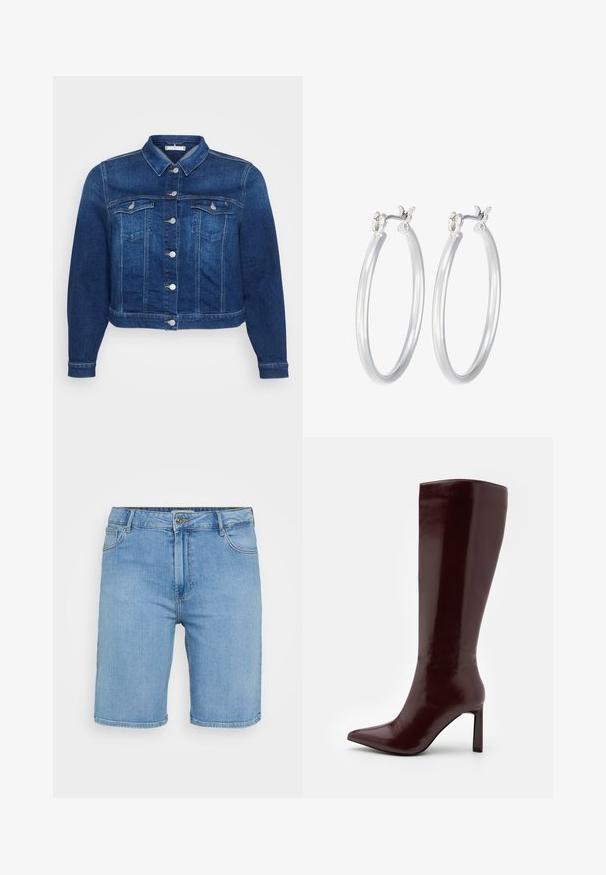 Tamsiai mėlyna džinsinė striukė su sagų uždarymu, dviem krūtinės kišenėmis ir klasikinėmis apykaklėmis. turi trumpą ilgį ir ilgomis rankovėmis.; Šviesiai mėlyna džinsinė marškinė su trumpomis rankovėmis, turinti dvi priekines kišenes ir papuošta mažais sidabriniais blizgučiais visame paviršiuje.; Šviesiai mėlynos džinsinės šortai su klasikinio kirpimo, turintys priekinį mygtuką, diržo kilpas ir dvi šonines kišenes. Lygus paviršius ir tiesus apvadas.; Even&Odd Batai - dark red; Sidabriniai auskarai su sklandžiu, poliruotu paviršiumi. Apvalios formos ir saugus uždarymo mechanizmas. Lengvas dizainas, tinkantis kasdieniam dėvėjimui.