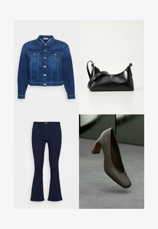 Denim jakna v temno modri barvi z zapenjanjem spredaj, dvema žepoma na prsih in klasičnim ovratnikom. Ima skrajšano dolžino in dolge rokave.; Črna bluza z listnatim vzorcem v bež barvi. Ima dolge rokave, naguban ovratnik in ohlapen kroj. Narejena je iz lahkega materiala.; Temno modri jeans z visokim pasom, ki se oprimejo stegen in imajo rahlo široke hlačnice na dnu, z sprednjimi žepi in gumbom za zapiranje.; Temno olivno zeleni usnjeni čevlji s petami, kvadratnim nosom in blokasto peto, ki lebde nad sivo betonsko tla s zamegljeno zeleno ozadjem.; Črna usnjena torbica z gladko teksturo. Ima nastavljiv trak in eleganten, minimalističen dizajn z zadrgo.; Srebrni kovinski uhani z valovitim, skulpturalnim dizajnom, ki se ponašajo s poliranim zaključkom in nerednimi oblikami, kar poudarja sodobno estetiko.