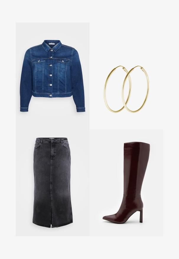 Tumedast sinises teksajakis, millel on nupuga eesmine sulgemine, kaks rinna taskut ja klassikaline krae. Omab lühendatud pikkust ja pikki varrukasid.; Õhuline hall pikka varrukatops, millel on leopardimuster, ümara kaeluse ja lainetehnikaga alläärega. Valmistatud kergest, läbipaistvast materjalist.; ONLY Carmakoma CARCILLA LONG SLIT SKIRT - Maksiseelik - washed black; Even&Odd Saapad - dark red; Kuldne rõngaskõrvarõngad, millel on sujuv ja ümar disain, ning läikiv viimistlus. Kerge konstruktsioon koos kindla klambriga.