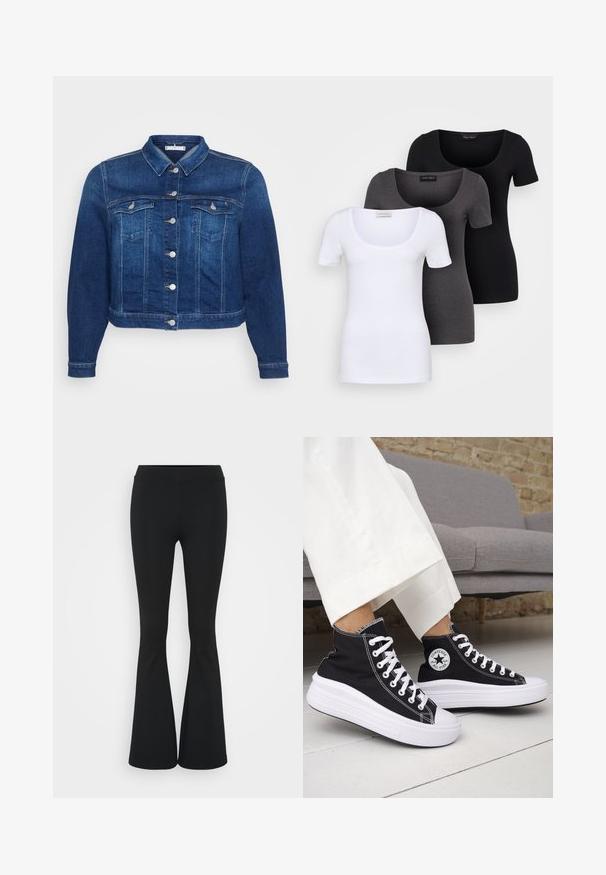 Jaqueta de ganga em azul escuro com fecho de botões à frente, dois bolsos no peito e um colarinho clássico. Apresenta um comprimento cropped e mangas longas.; Três t-shirts ajustadas em branco, cinza e preto. Cada uma possui um decote amplo e mangas curtas. Feitas de um tecido liso e elástico.; Calças pretas de corte alargado feitas de tecido elástico, com uma cintura alta e uma textura suave. As calças alargam-se a partir do joelho.; Ténis pretos de cano alto com solas e atacadores em borracha branca. Apresentam um emblema redondo e costuras contrastantes em branco. Material em lona.