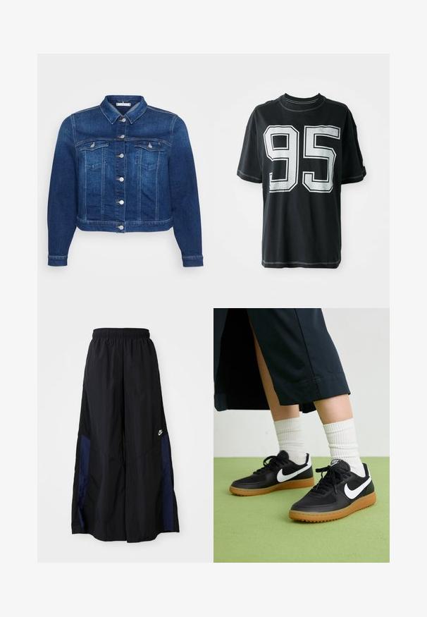 Jeansjacka i mörkblått med knappstängning framtill, två bröstfickor och klassisk krage. Har en kortad längd och långa ärmar.; Svart bomulls t-shirt med korta ärmar, med ett vitt tryckt nummer "95" framtill och kontrasterande sömmar längs kanterna.; Svarta vida byxor gjorda av lättviktig tyg, med en marinblå sid panel och ett elastiskt midjeband. Litet vitt logotyp nertill.; Svarta läder- och syntetiska sneakers med vit Nike-logga, gummisula, rund tå och svarta snörningar. Ribbad vit strumpor synliga.