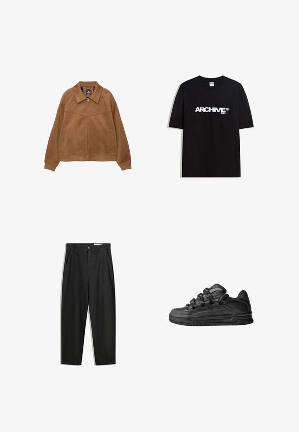 Bruine faux-suède jack met rits en een brede kraag, twee voorzakken en geribbelde manchetten. Heeft een gladde, matte textuur en strakke lijnen.; Zwarte katoen T-shirt met een witte "ARCHIVE inc." logo over de borst, korte mouwen en een ronde hals.; Zwarte katoenen broeken met een losse pasvorm, voorzien van een klassieke tailleband, voorplooien en zijzakken. Gladde structuur zonder patronen.; Zwarte sneakers met een glad leren bovenwerk, gearceerde accenten en ronde zwart-witte veters. Dikke rubberen zool met een geprofileerd loopvlak.