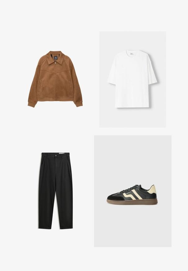 Veste zippée en faux daim marron avec un large col, deux poches avant et des poignets côtelés. Présente une texture lisse et mate ainsi que des lignes épurées.; T-shirt blanc à manches courtes en coton, avec un col rond et une coupe décontractée. Texture lisse, sans motifs ni accents visibles.; Pantalon en coton noir avec une coupe décontractée, dotés d'une taille classique, de plis à l'avant et de poches latérales. Texture lisse sans motifs.; Baskets noires et beiges avec une tige en cuir lisse, du daim au niveau des orteils et une semelle en caoutchouc brun texturé. Comprend des rayures contrastantes.