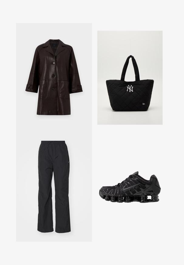Weekend Max Mara PETRA - Leather jacket - chocolate; Black long-sleeve athletic top with a half zip, collar, reflective Nike logo, and flatlock seams for comfort and a snug fit.; Black, lightweight pants with an elastic waistband and drawstring. Features a textured finish and a small reflective logo on the side.; Black athletic shoe with mesh upper and glossy overlays. Features curved coil cushioning and textured lines on the side. Nike logo visible.; Quilted black tote bag with double handles, featuring a white New York Yankees logo and a small brand emblem on the side.