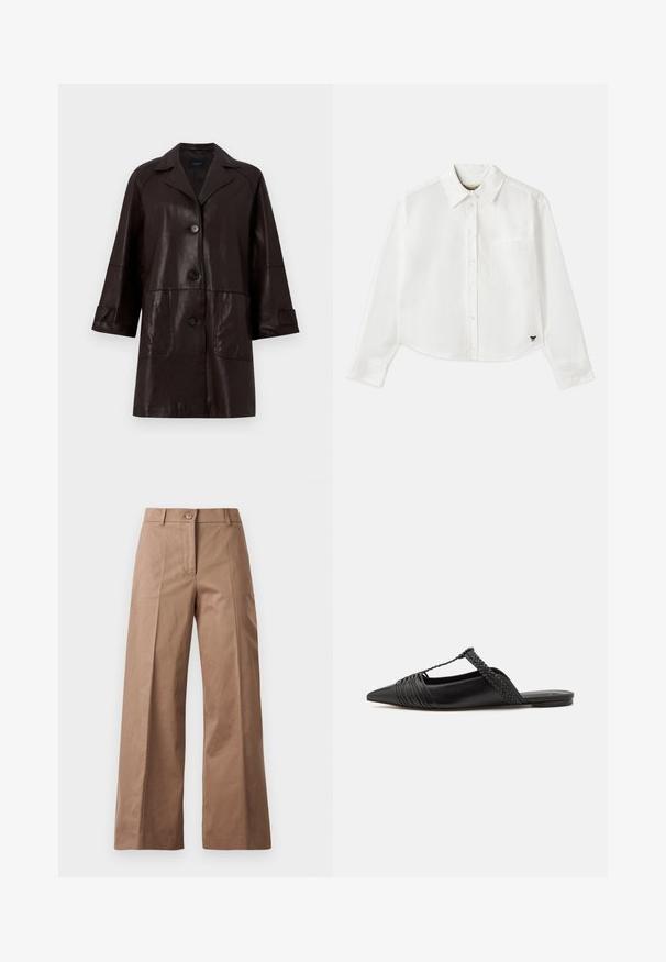 Weekend Max Mara PETRA - Ādas jaka - chocolate; Balta, īsa garuma piedurkņu krekls, kas izgatavots no kokvilnas. Tam ir pogājama priekšpuse, krūšu kabata un mazs melns logo apakšējā kreisajā stūrī.; Brūni platajās kājas bikses, izgatavotas no gludas auduma, ar priekšējo pogu aizdari, divām priekšējām kabatām un tīrām, pielāgotām līnijām.; Melnas ādas slingback kurpes ar norādītu purngali, kurām ir austoša akcenta un krokota augšdaļa. Plakana zole ar minimālu aparatūru.