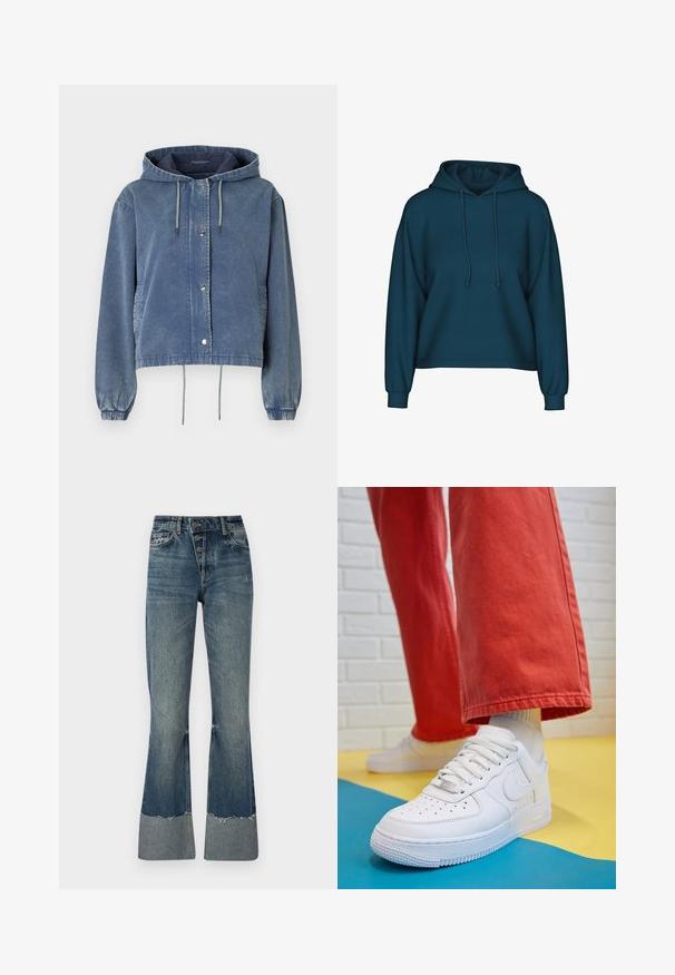 Casaco de ganga em azul desbotado com capuz, botões de pressão prateados, punhos elásticos e cordões ajustáveis na barra e no capuz.; Sweatshirt azul-esverdeado com capuz ajustável, mangas compridas e punhos canelados. Feito de tecido macio com um corte relaxado.; Jeans de ganga à boca de sino em azul médio com cintura alta, cinco botões e bainha desfiada. Apresenta uma punho mais claro na parte inferior e textura desbotada.; Sapatilha de couro branca com biqueira perfurada, sola texturizada e atacadores brancos, combinada com calças largas vermelhas e um fundo azul e amarelo.