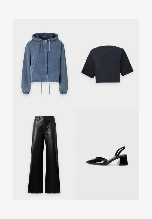 Traper jakna u ispranom plavom s kapuljačom, srebrnim dugmadima na kopčanje, elastičnim manžetama i podesivim vezicama na dnu i kapuljači.; Tamnoslijeđi skraćeni pleteni pulover s rebrastom teksturom, kratkim širokim rukavima i okruglim izrezom. Jednostavan dizajn, bez vidljivih uzoraka ili naglasaka.; Crne visoke široke hlače od umjetne kože s prednjim gumbom, zatvaranjem na zip, petljama za pojas i bočnim džepovima na bijeloj pozadini.; Crne lakirane kožne sandale s otvorenom petom i špicastim vrhom, s geometrijskom blok petom. Imaju elegantan, minimalistički dizajn i glatku teksturu.