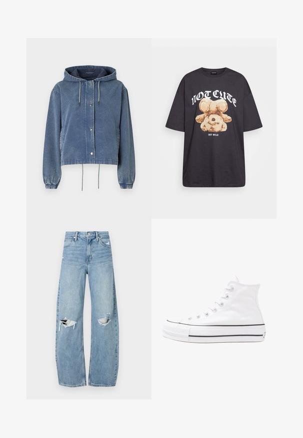 Denim jacket in faded blue with a hood, silver snap buttons, elastic cuffs, and adjustable drawstrings at the hem and hood.; Black oversized t-shirt featuring a graphic of a bear with the text “NOT CUTE BUT WILD” in bold, white lettering. Cotton material.; Light blue, high-waisted jeans made of denim. Feature wide legs, two torn knee areas, and classic five-pocket styling.; White high-top canvas sneaker with black rubber sole, front rubber toe cap, and six eyelets for laces, featuring a clean, minimalist design.