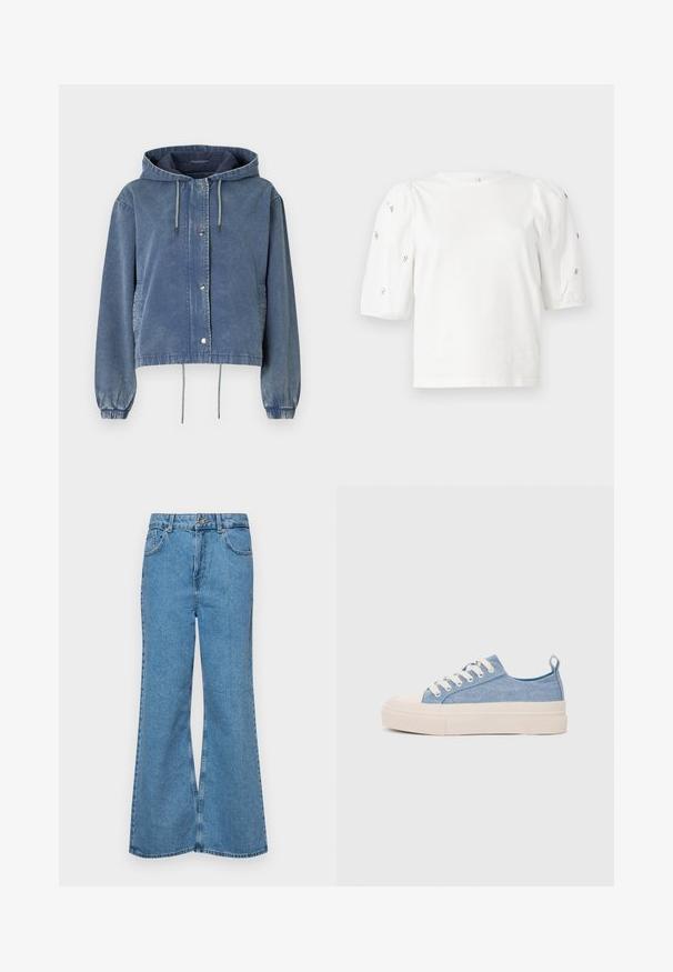 Jeansjakke i falmet blå med hette, sølvfargede trykknapper, elastiske ermer og justerbare snorer i nederkanten og hetten.; Hvit bomull T-skjorte med korte pufferm, med små sølvdekorasjoner langs ermene. Klassisk rund hals, avslappet passform.; Lyseblå vide jeans laget av denim, med høyt liv, fem lommer og en enkelt knappelukking. Myk tekstur med falmet finish.; Lys blå canvastøfler med en kremfarget gummitupp og yttersåle, med hvite snørebånd og en løfteløkke på hælen.