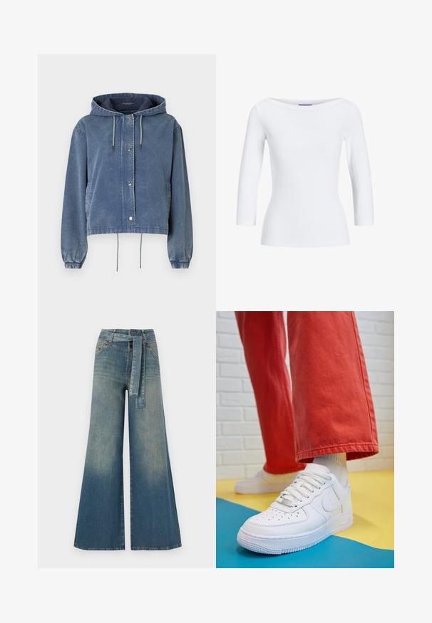 Chaqueta de mezclilla azul desgastada con capucha, botones a presión plateados, puños elásticos y cordones ajustables en el dobladillo y la capucha.; Top blanco de manga larga con cuello barco. La tela es suave, ajustada y presenta un acabado limpio en los puños y el dobladillo.; Pantalones de mezclilla de pierna ancha con un degradado de azul claro a oscuro, cintura alta, trabillas para cinturón y un cinturón de tela a juego. Acabado de mezclilla texturizada.; Zapatilla de cuero blanco con caja de dedos perforada, suela texturizada y cordones blancos, combinada con pantalones rojos amplios y un fondo azul y amarillo.