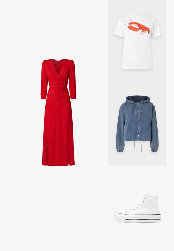 Mėlynas džinsinis švarkas su pamušalu, sidabrinėmis sagutėmis, elastingomis rankovėmis ir reguliuojamais raišteliais apatiniame krašte ir ant gobtuvo.; Balta medvilnė marškinėliai su dideliu, ryškiu raudonu omaru grafiku priekyje. Trumpomis rankovėmis ir standartiniu apvaliu kaklu.; Raudona suknelė su V formos iškirpte, trimis ketvirtadaliais rankovėmis ir susiraukšlėjimo detalėmis juosmens ir nugaros srityse. Audinys atrodo lygus ir lengvas.; Balti aukštakulniai drobės sportbačiai su juodu guminio pado, priekinio guminio piršto dangteliu ir šešiais akytėmis raištams, pasižymintys švariu, minimalistiniu dizainu.; Raudona odinė rankinė su kampuota, geometrine forma. Pasižymi viena reguliuojama dirželiu ir dangteliu su siuvinėtais dekoracijomis.